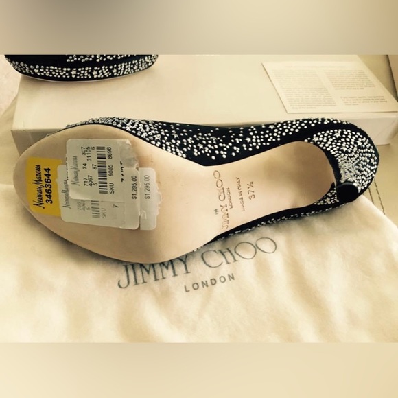 $1385 JIMMY CHOO “THE DALI Swarovski Jewel Platform Satin Peep Heels 37.5 NWT - Picture 12 of 16